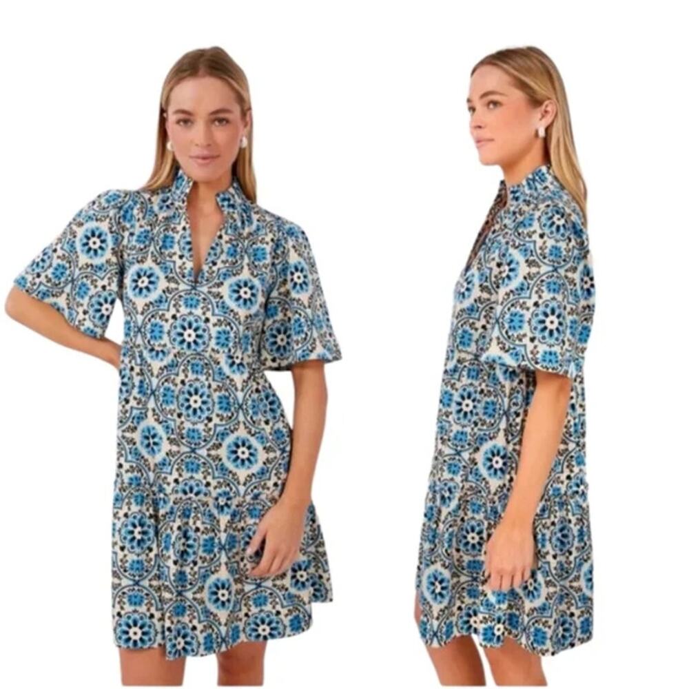 Tuckernuck X-SMALL Golden Medallion Crawford Dress Blue White Ruffle Mini